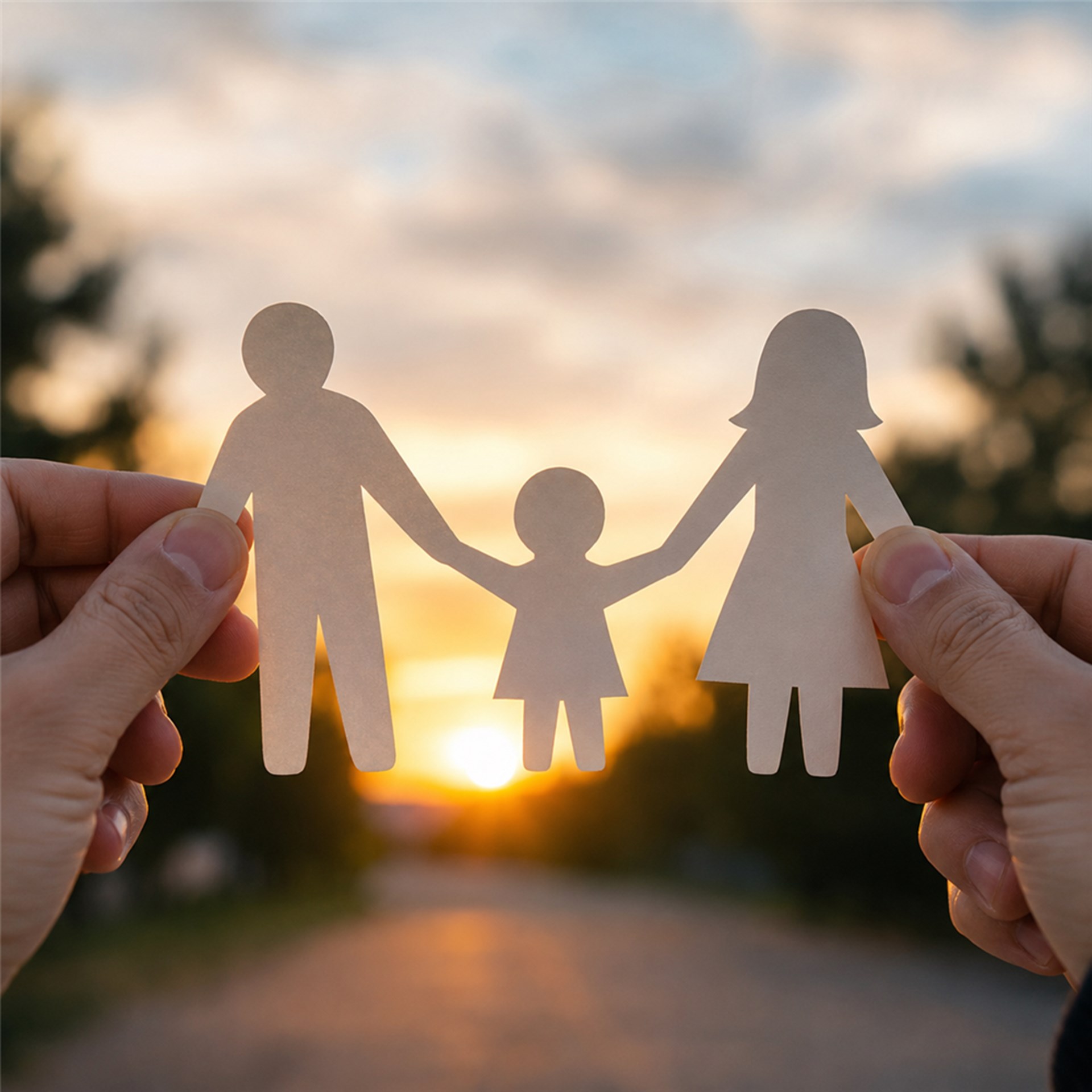 Papierfiguren von zwei Erwachsenen und einem Kind halten sich an den Händen vor einem Sonnenuntergang. Die Figuren werden von zwei Händen gehalten und symbolisieren Familie, Zusammenhalt und Geborgenheit.