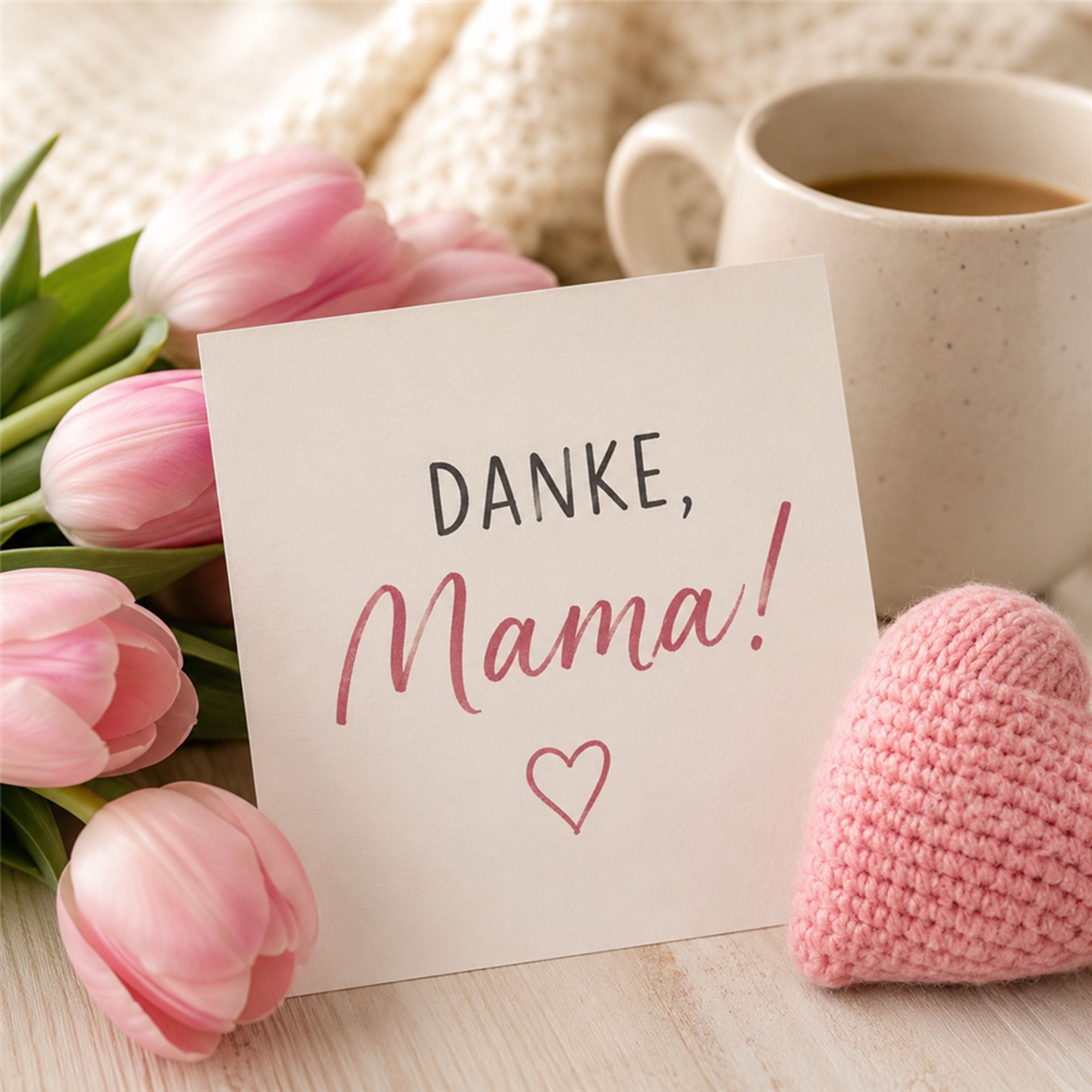 Ein liebevoll gestaltetes Muttertags-Motiv mit rosa Tulpen, einer Tasse Kaffee und einem kleinen gestrickten Herz. Im Mittelpunkt steht eine Karte mit der Aufschrift „Danke, Mama!“, die Wärme, Wertschätzung und Dankbarkeit ausstrahlt.
