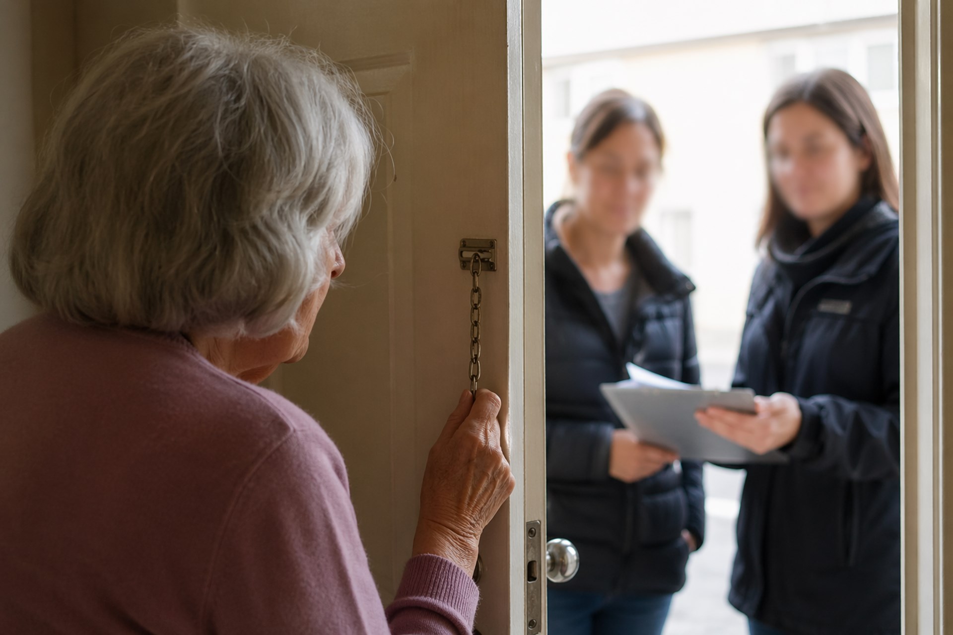 Eine ältere Frau öffnet die Tür. Vor der Tür stehen zwei Personen mit Unterlagen in der Hand.